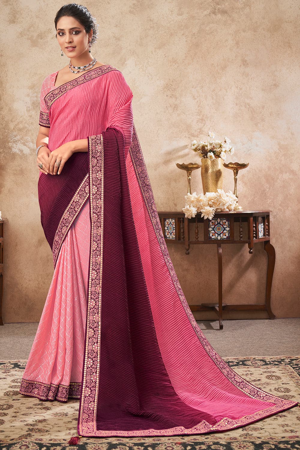 Buy Wine Pink Chiffon Saree online-Karagiri