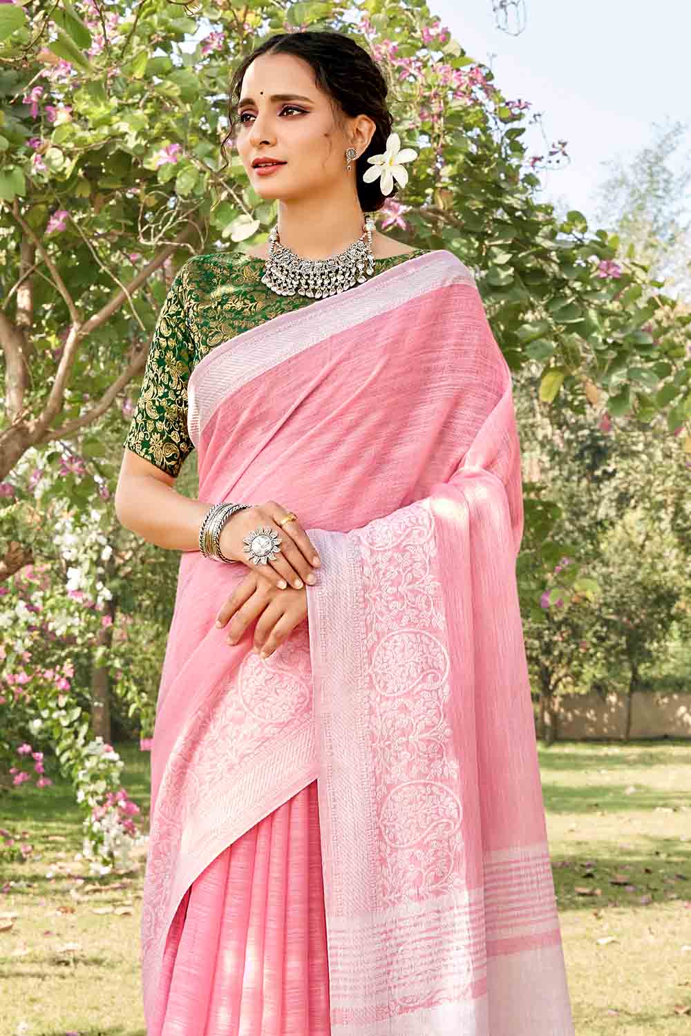 Buy Flamingo Pink Cotton Linen Saree online-Karagiri