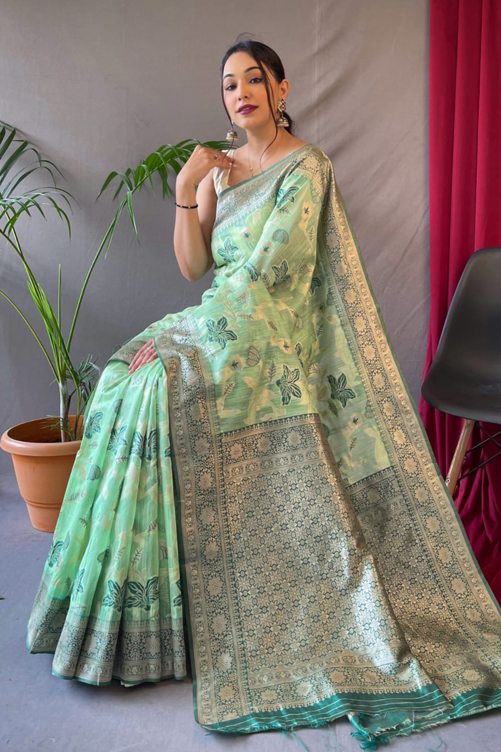 Mint Green Cotton Linen Saree – Karagiri