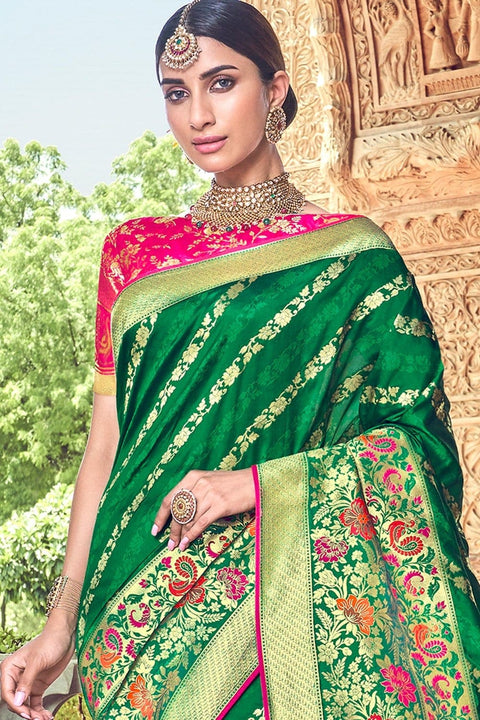 Buy Crocodile green woven designer banarasi saree with embroidered silk ...