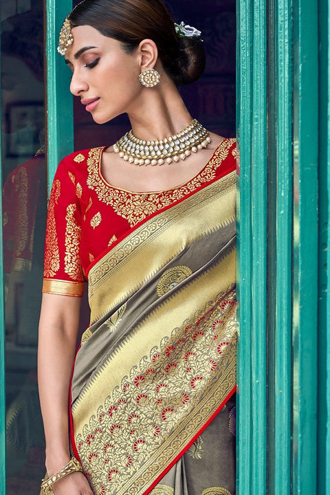 Buy Mink grey woven designer banarasi saree online - Karagiri