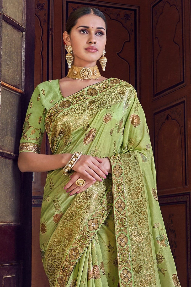 Buy Olive green woven designer banarasi saree with embroidered silk ...