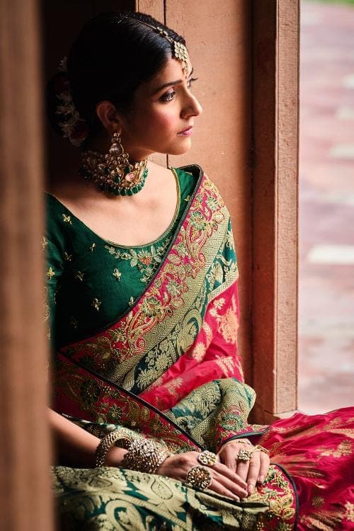 Buy Pink Banarasi Silk Saree With Banarasi Silk Blouse Online  SARV06112   Andaaz Fashion