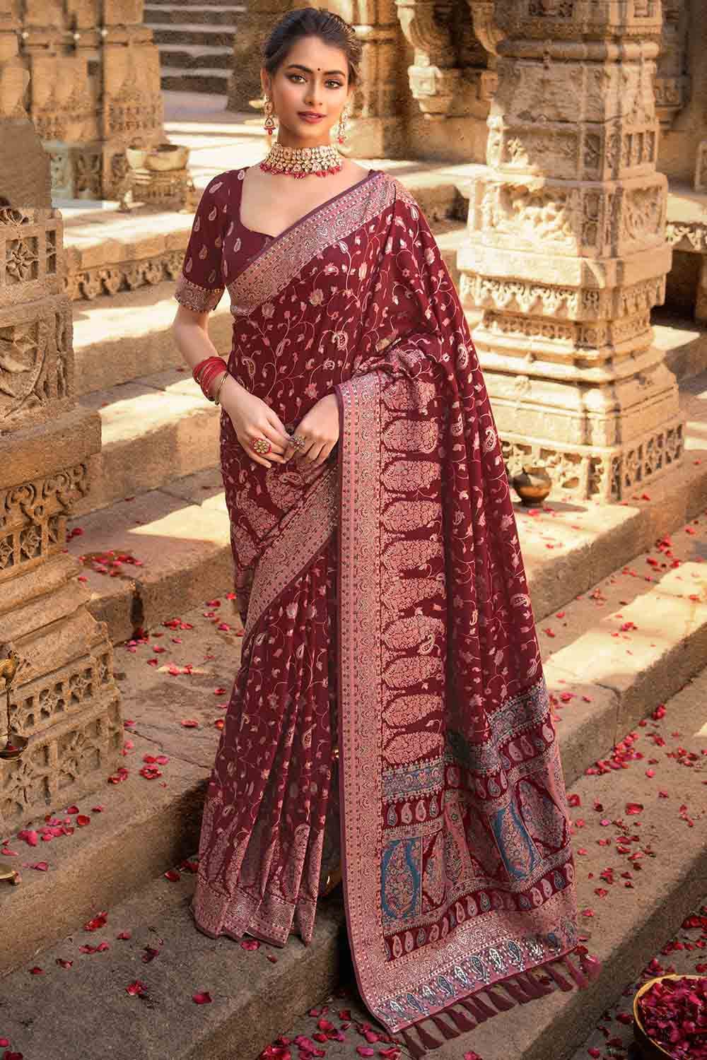 Buy Dark Red Designer Saree online-Karagiri