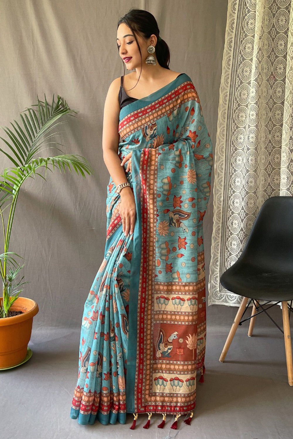 Buy Cornflower Blue Kalamkari Saree online-Karagiri