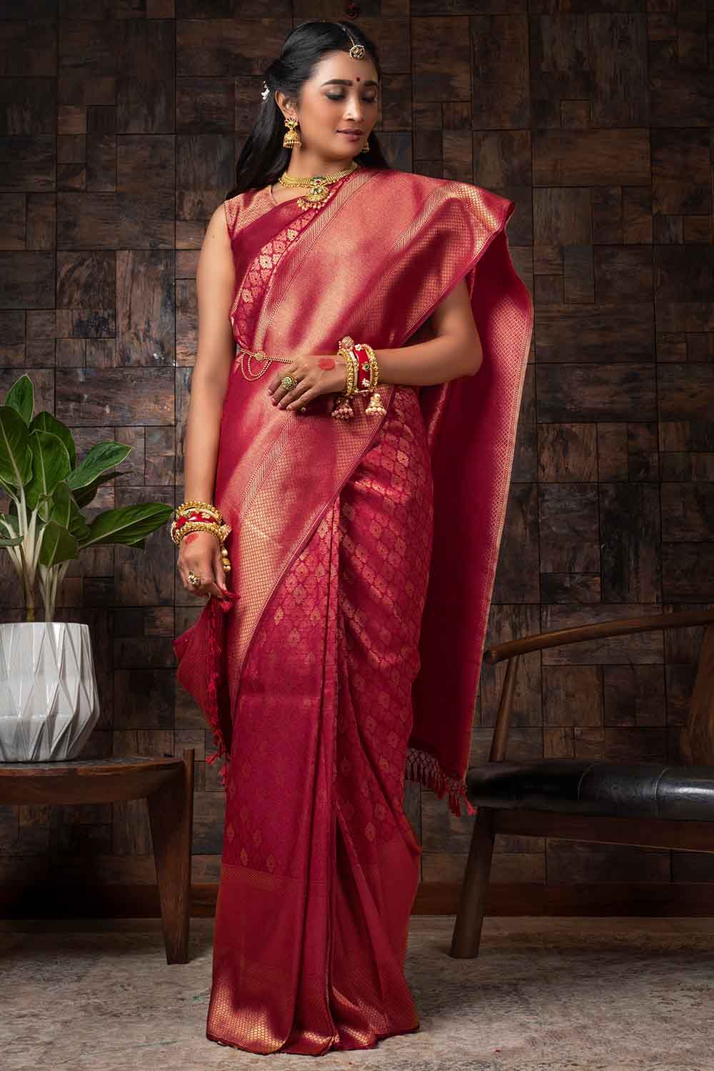 Buy the elegant Burgundy Red Zari Work Kanjivaram Saree online ...