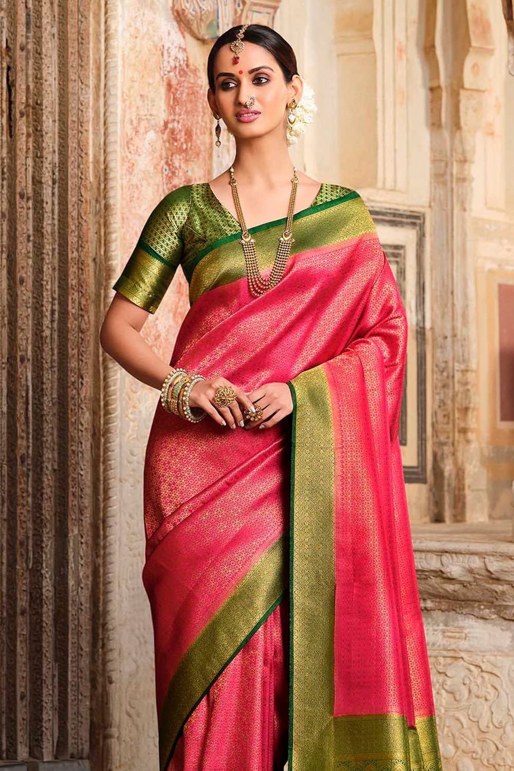 Buy Cerise Pink Green Kanjivaram Saree online-Karagiri
