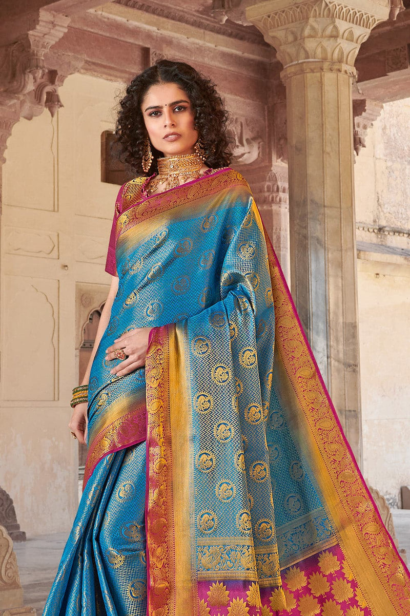 Buy Cerulean Blue Kanjivaram Saree online-Karagiri