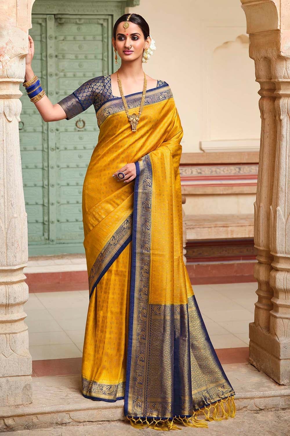 Buy Flaxen Yellow Blue Kanjivaram Saree online-Karagiri