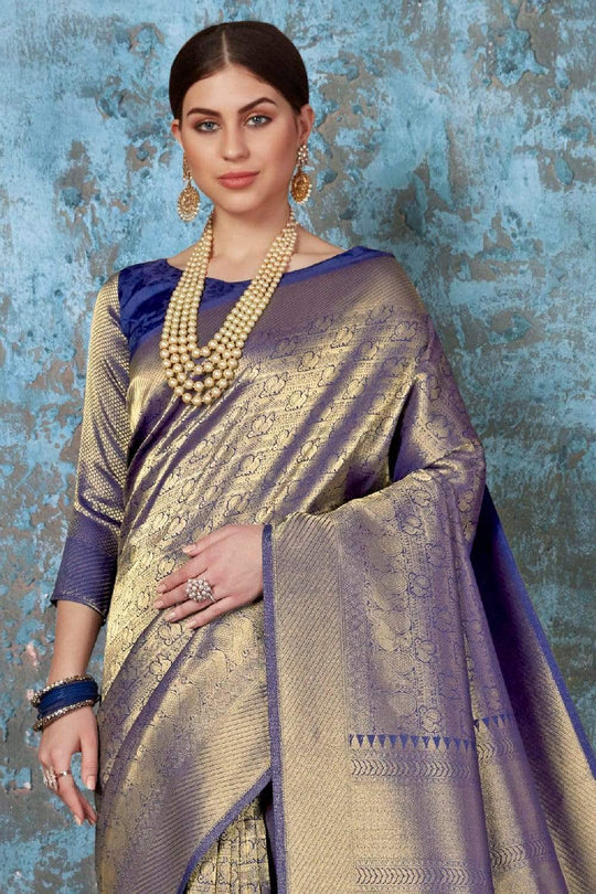 Shop this elegant Navy Blue Woven Kanjivaram Saree - Karagiri