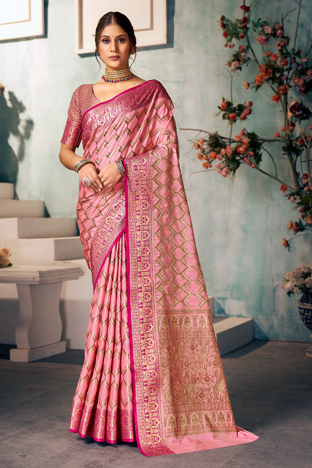 Buy Flamingo Pink Banarasi Silk Saree online-Karagiri