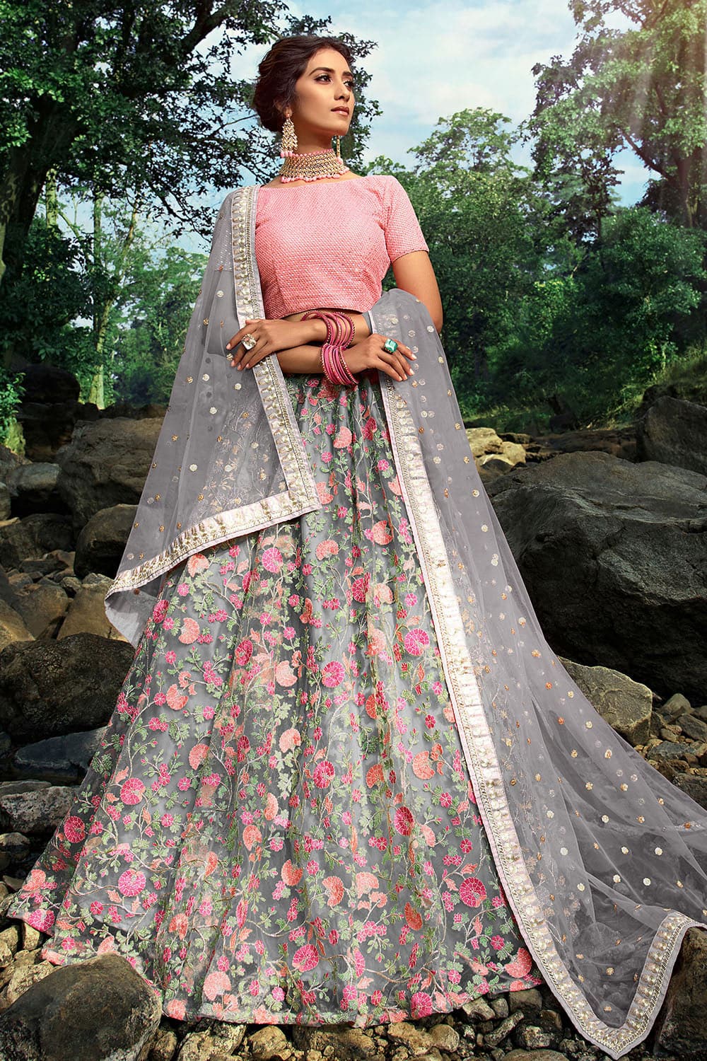 GREY TO PINK PATTERNED OMBRÉ LEHENGA SET WITH A HAND EMBROIDERED BLOUSE  PAIRED WITH A MATCHING PINK DUPATTA AND GOLD HIGHLIGHTS - Seasons India