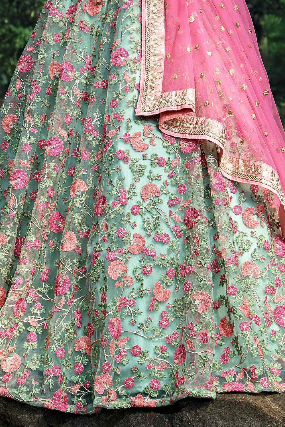 Buy Tiffany Blue Embroidered Soft Net Lehenga online-Karagiri