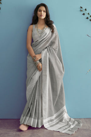 Buy Steel Grey Linen Saree online-Karagiri