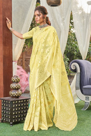 Buy Cotton Linen Saree In Lemon Yellow online-Karagiri