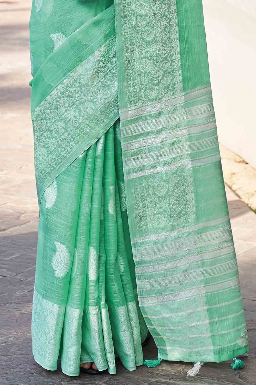 Buy Mint Green Linen Saree online-Karagiri