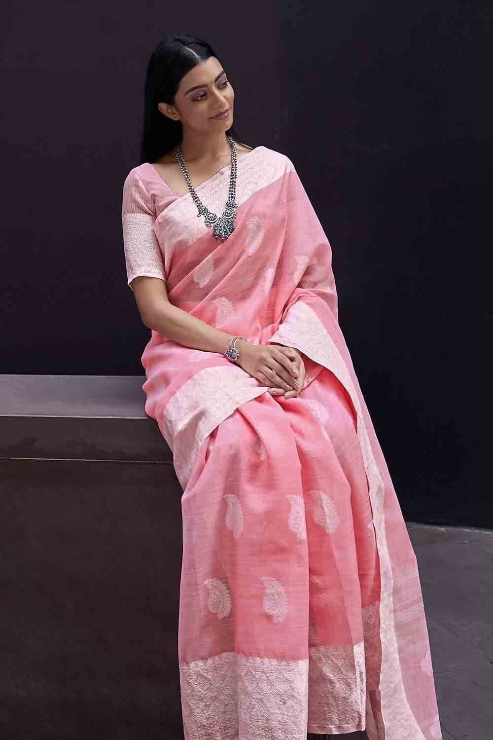 Buy Pink Linen Saree online-Karagiri