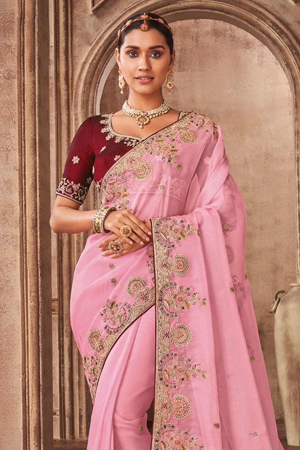 Prachi Pink Woven Silk Blend One Minute Saree | Floral print sarees, Saree  styles, Saree