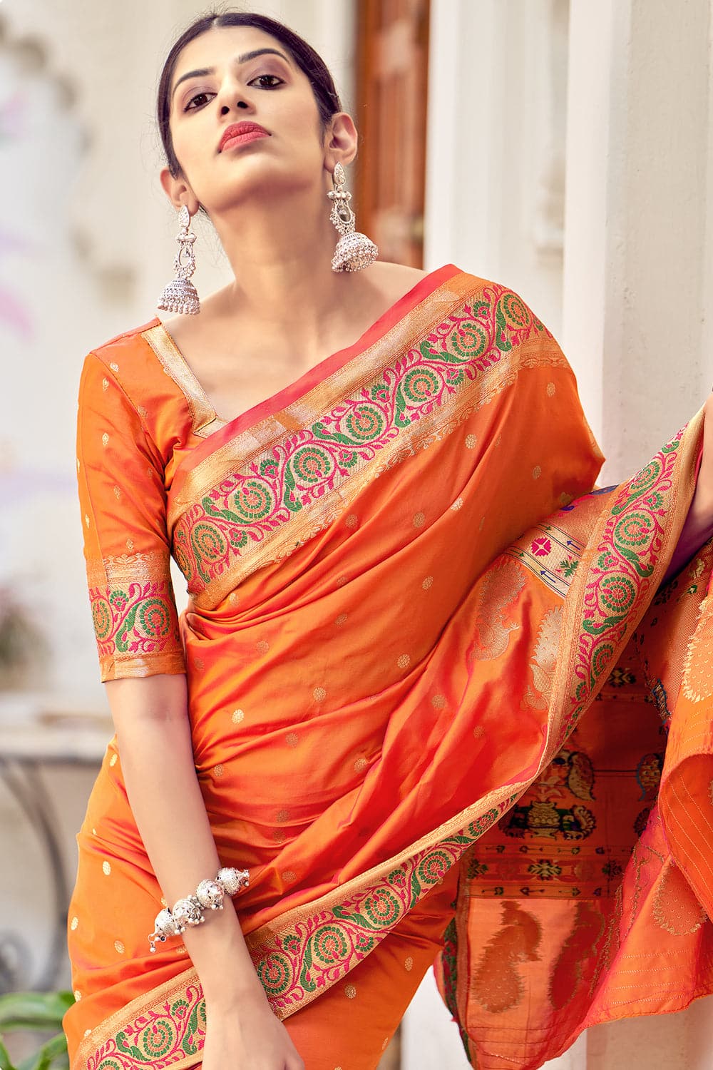 Buy Cosmos Orange Paithani Saree online-Karagiri