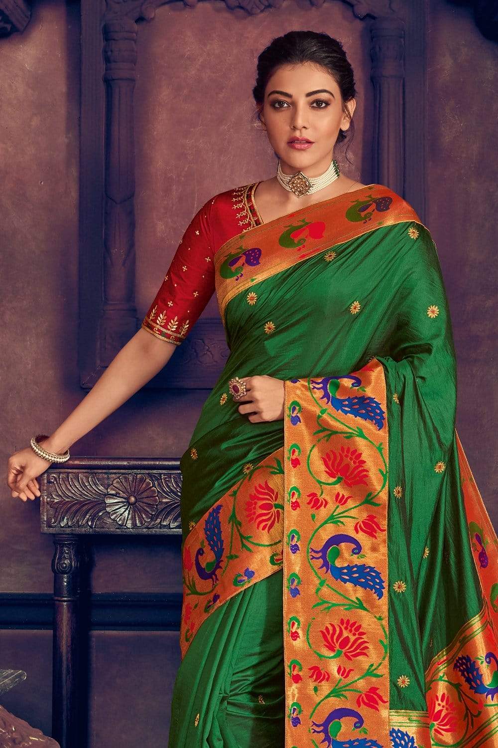 Buy Dark green woven paithani saree online at best price - Karagiri