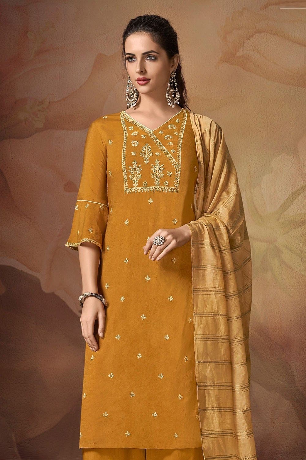 Buy Yellow Muslin Silk Plazzo Suit - Semi Stitched online-Karagiri