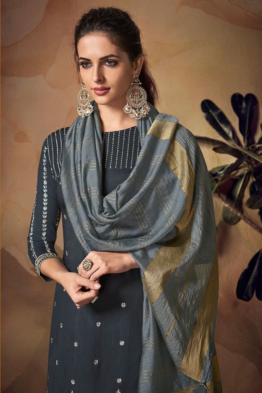 Buy Grey Muslin Silk Plazzo Suit - Semi Stitched online-Karagiri