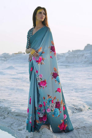 Buy Catalina Blue Satin Crepe Saree online-Karagiri