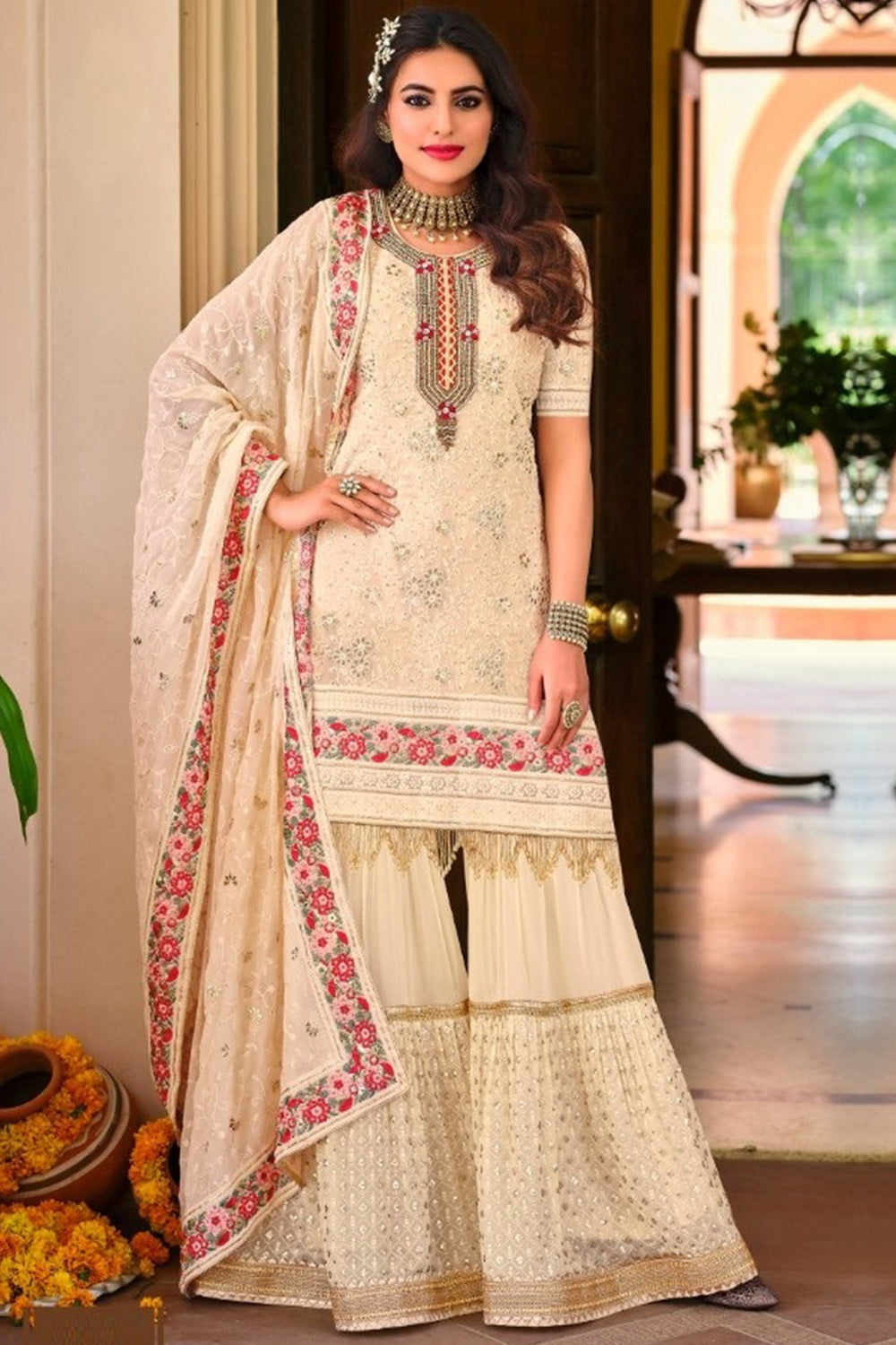 Buy Cream Sharara Suit online-Karagiri