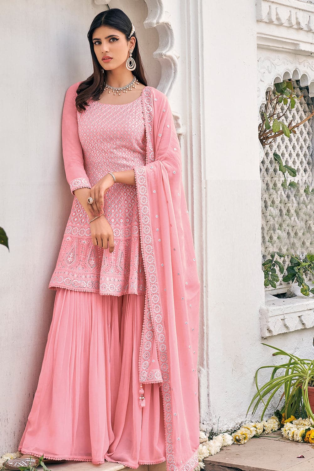 Buy Salmon Pink Sharara Suit online-Karagiri