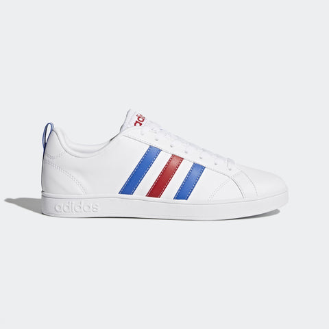 white adidas shoes with blue and red stripes