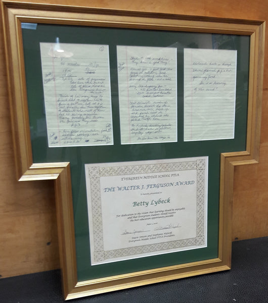 custom-shaped frame for diploma and memorabilia 