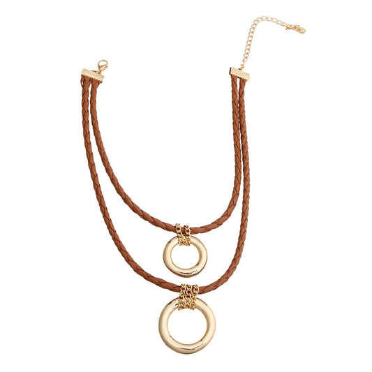 Hoop Pendants Dark Brown Leather Cord Necklace for Women