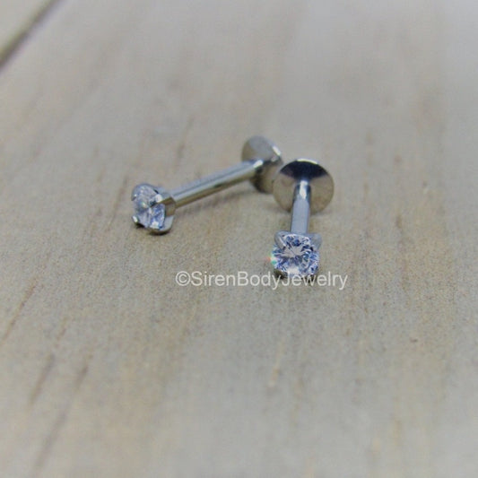 18g Helix piercing titanium flat back earring stud 5/16 length tragus  barbell lip labret earlobe piercing earring 3mm clear gemstone