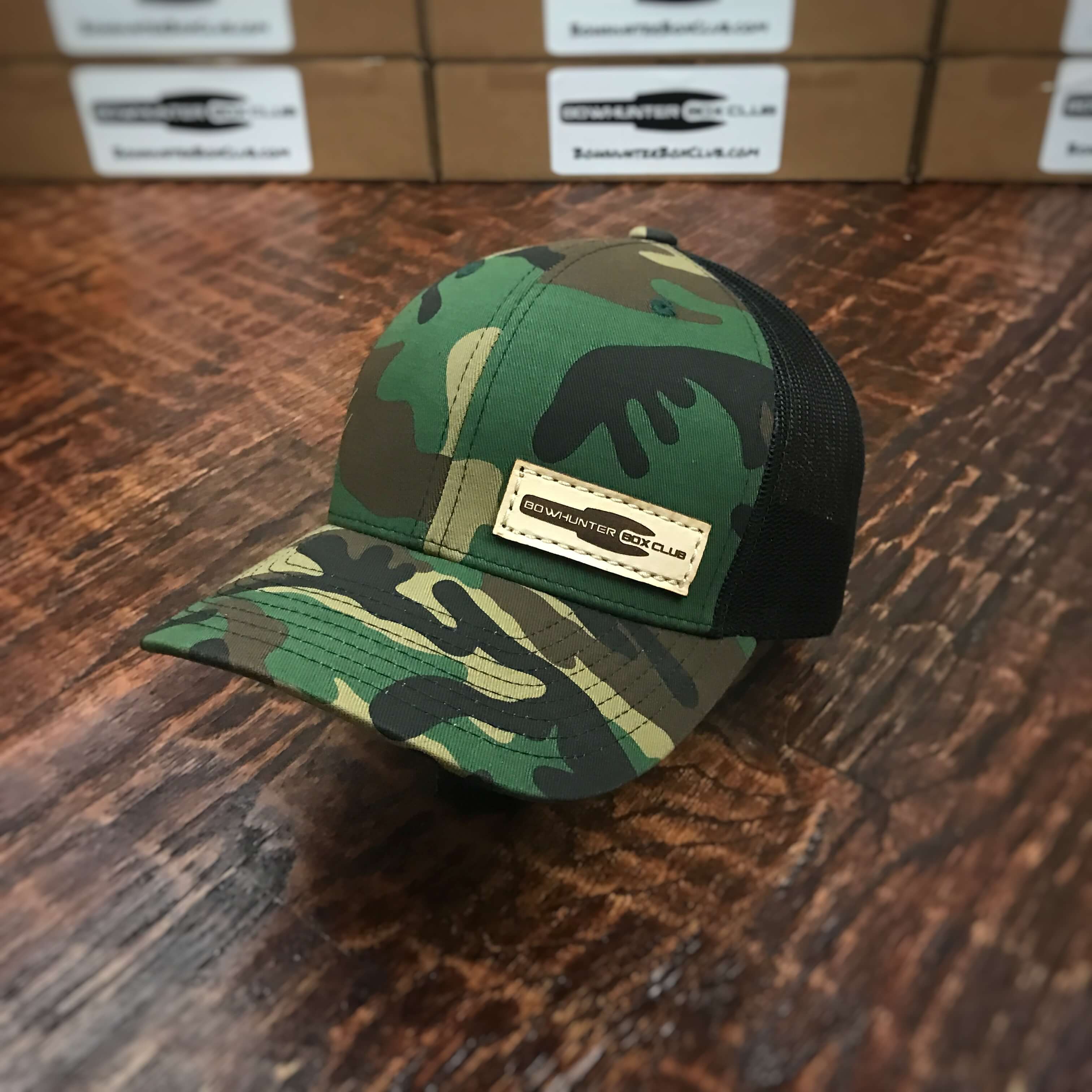 Leather Patch Hat - Camo/Black Adjustable - Bowhunter Box Club