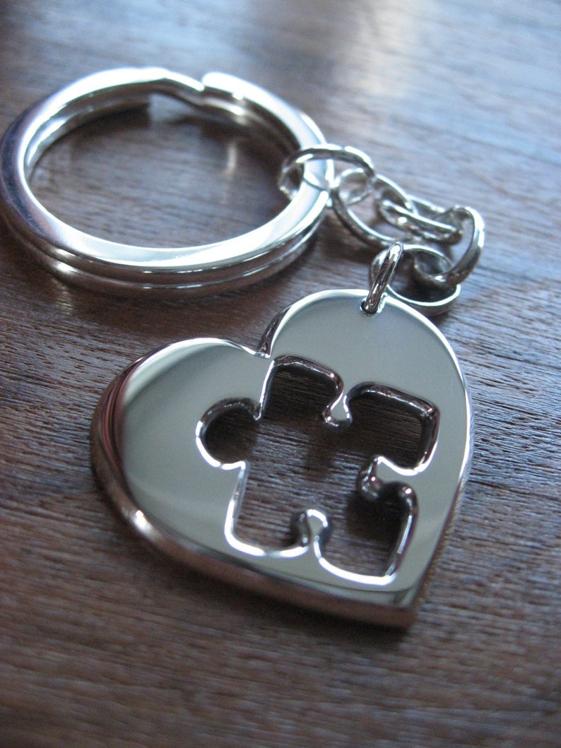 Silver Heart with Puzzle Cut Out Keychain Keyring