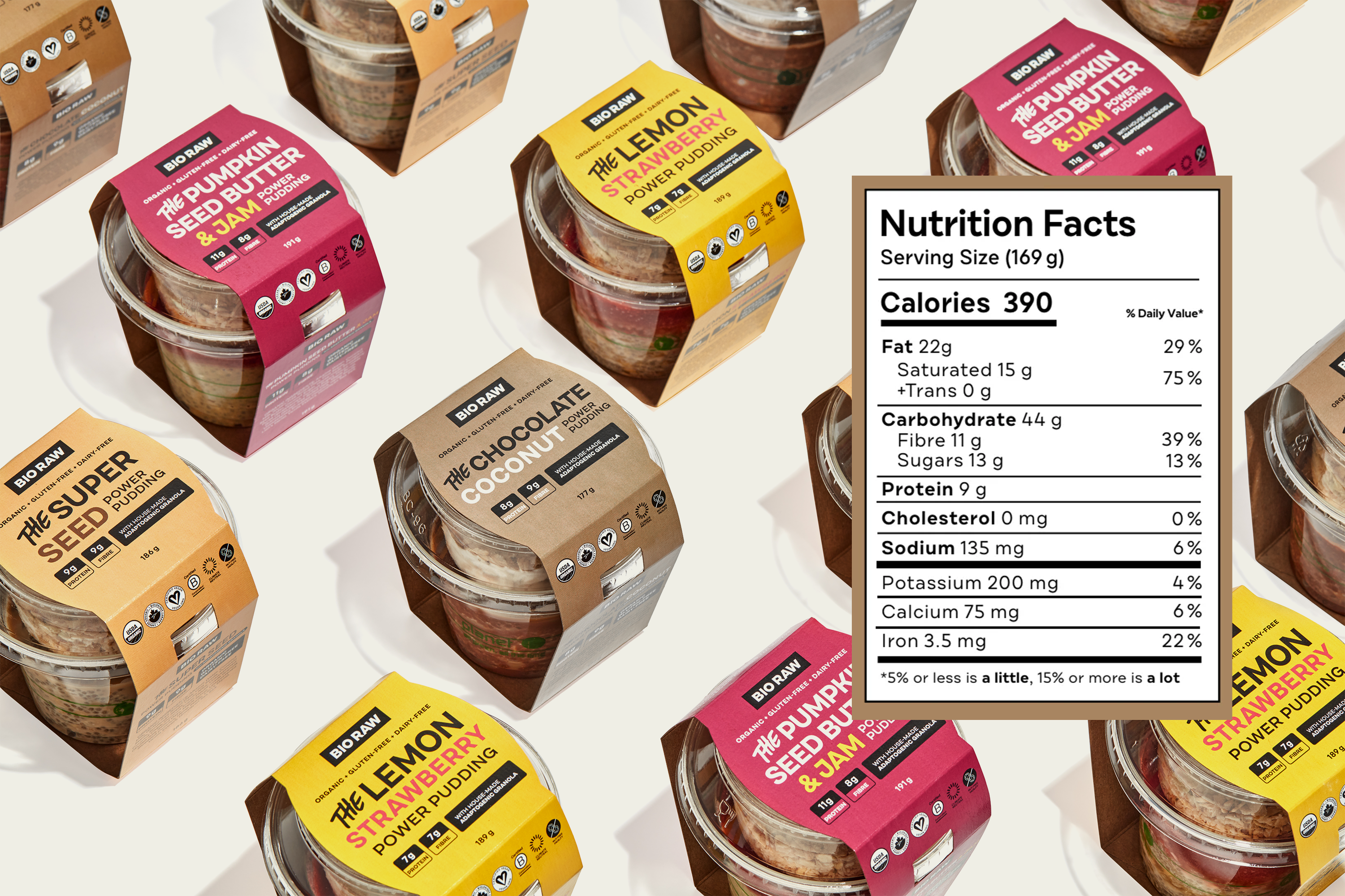 Arrangement of various branded seed-based puddings with visible nutrition facts label.
