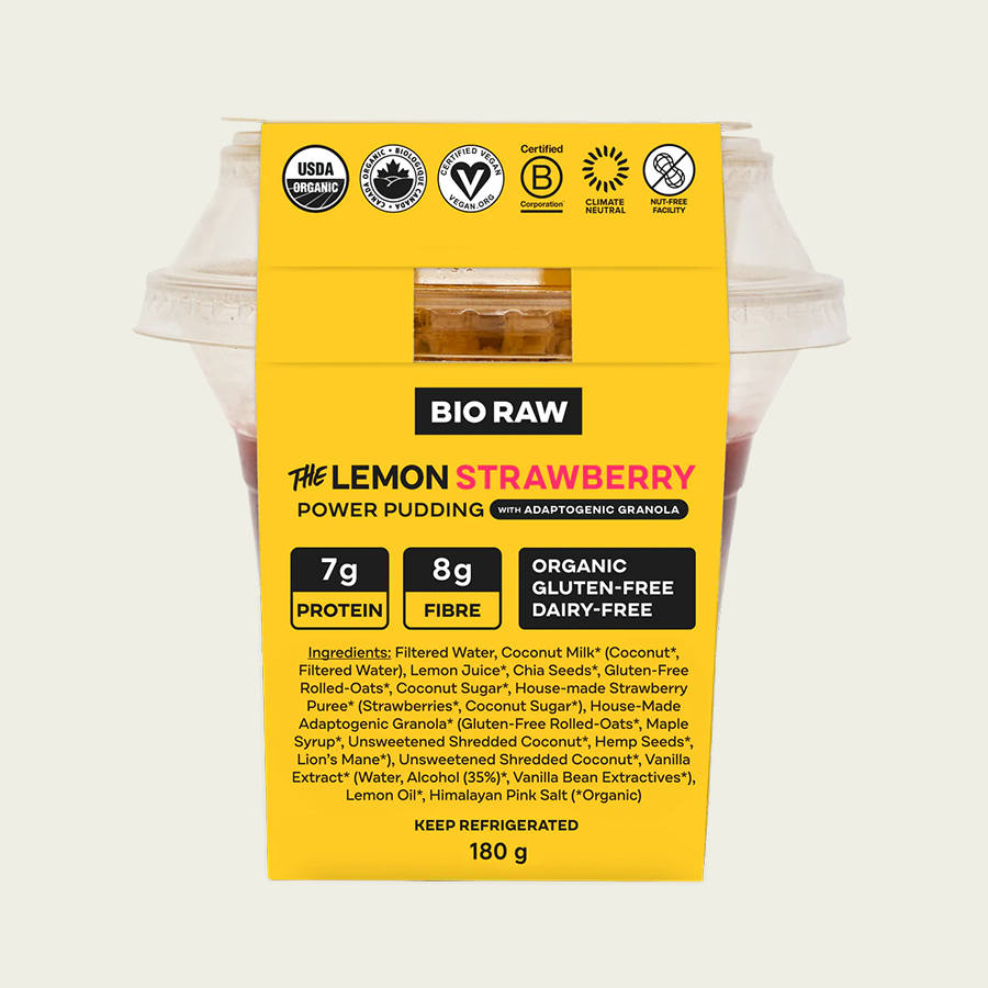 Packaging of BIO RAW Lemon Strawberry Power Pudding with nutrition and ingredient information.