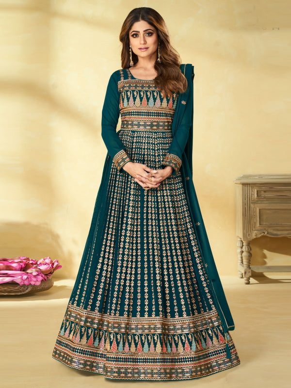 Faux Georgette Embroidery Anarkali Suit In Green Colour - SM5415991