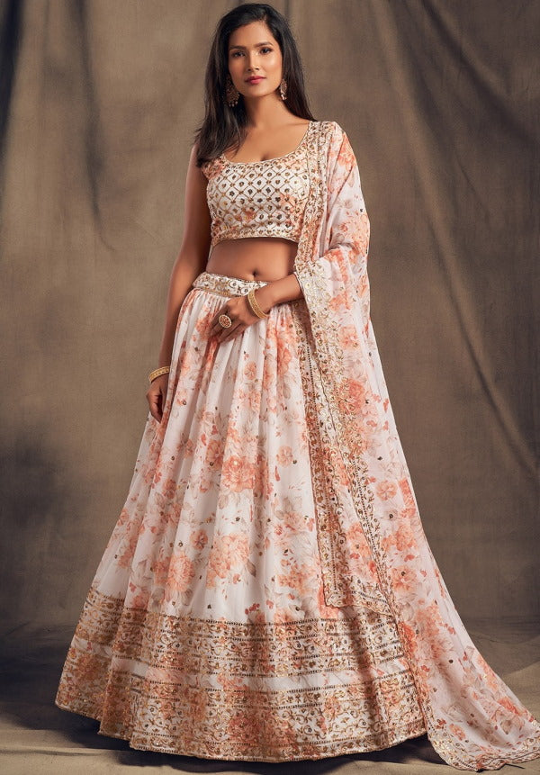 White Floral Sleeveless Lehenga