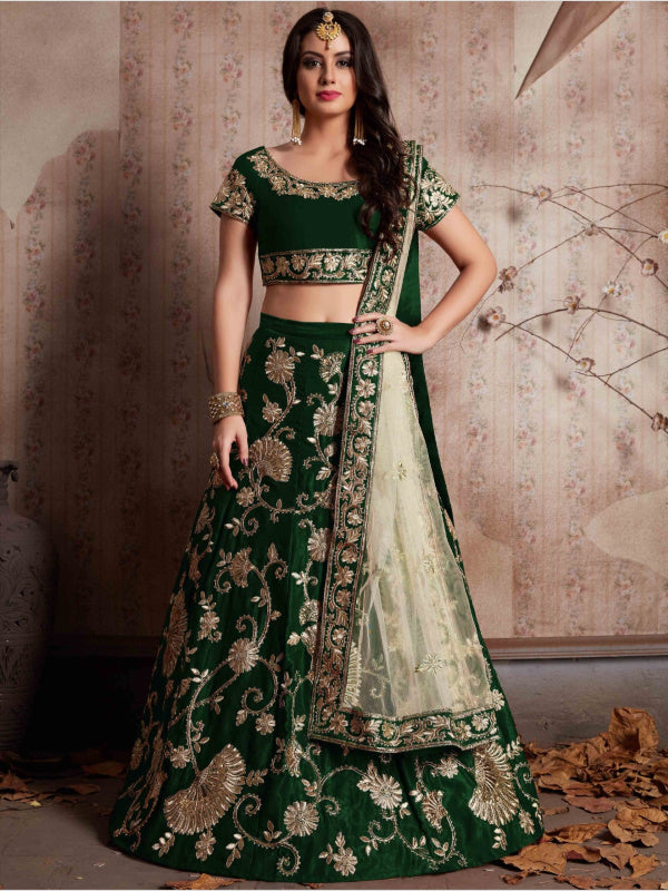 Buy Red satin embroidery bridal lehenga choli at fealdeal.com