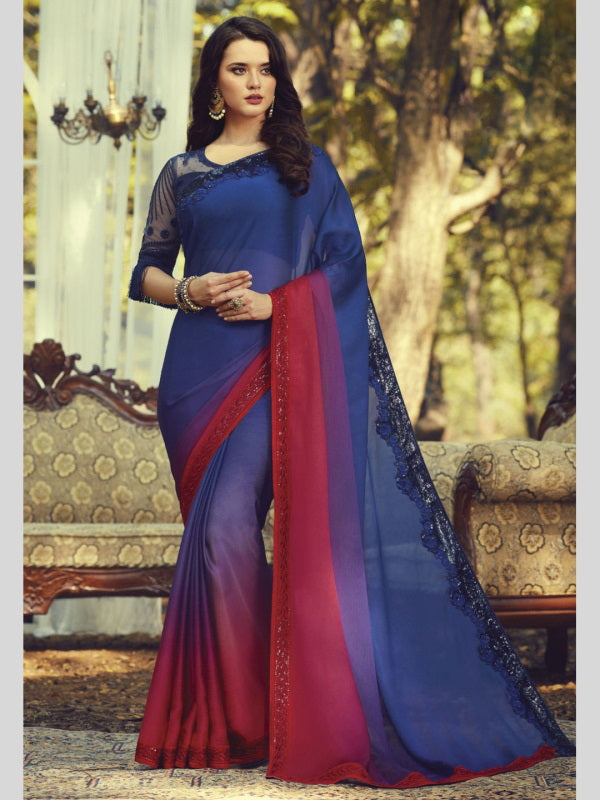 MultiColor Saree in Blue and Red Shade