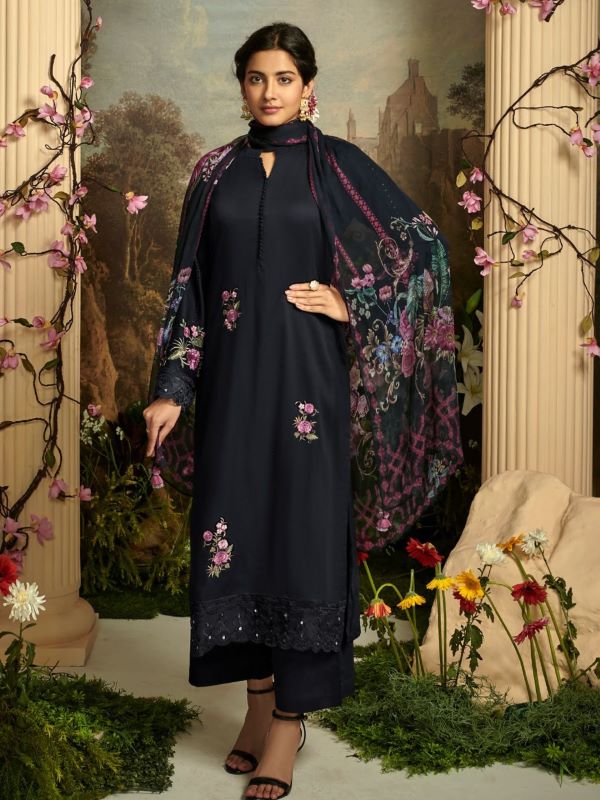 Plain Black Salwar Kameez Floral Dupatta