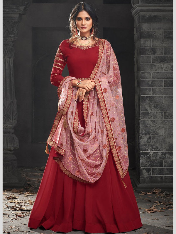 Divine International Trading Co Women's Net With Heavy Embroidery Work Long Anarkali  Lehenga Choli (Unstitched_MejestyO-118-Red) : Amazon.in: Fashion