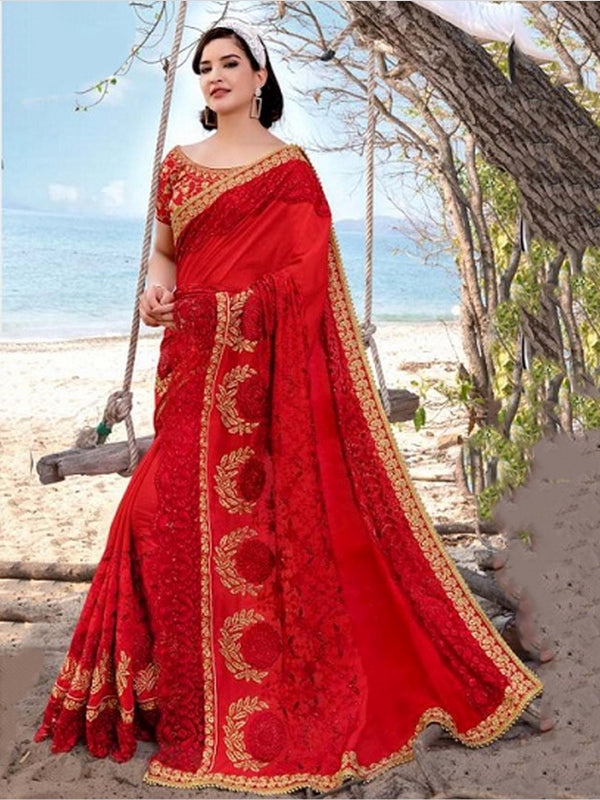 Red Saree with Embroidery Work