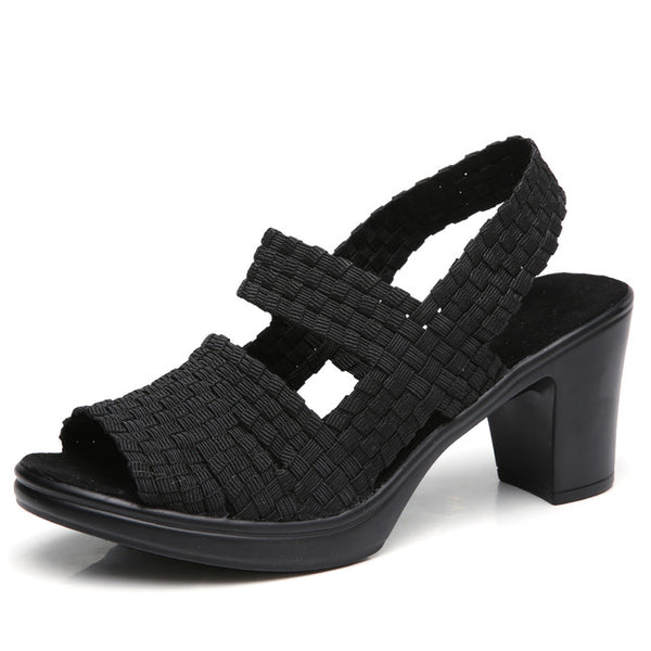 Women's Fashion Summer Heel Sandal Shoes - Black