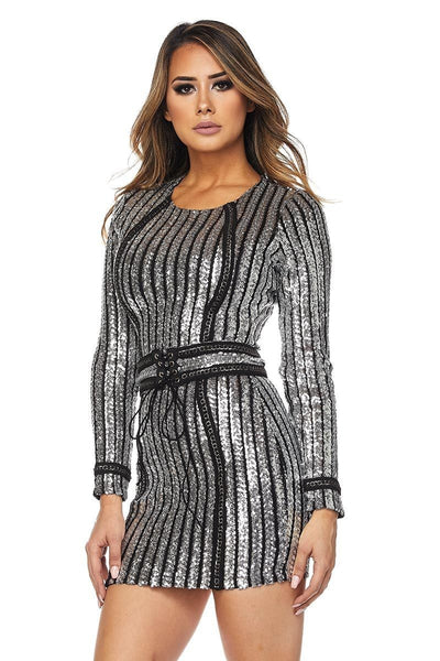 black and silver striped sequin dress