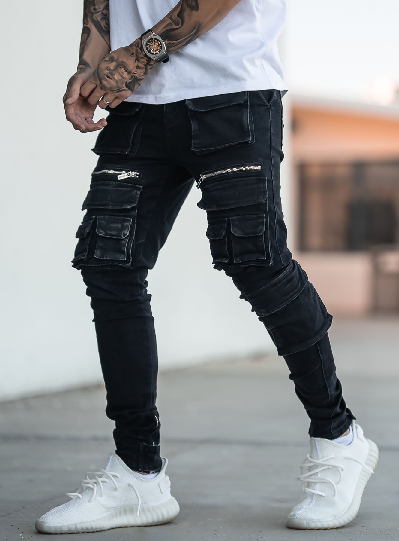 Utility Cargo Jeans V5 in Washed Black | PRSTGE