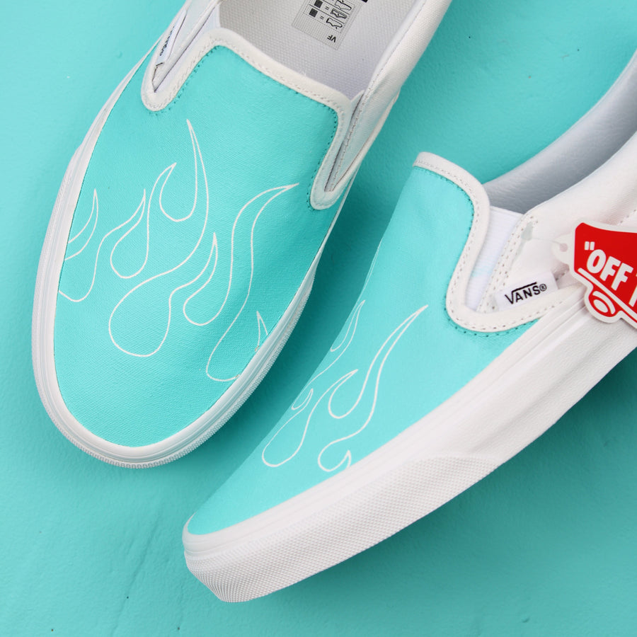 Blue Flame Vans Slip On Custom Sneakers (White) – TheShoeCosmetics