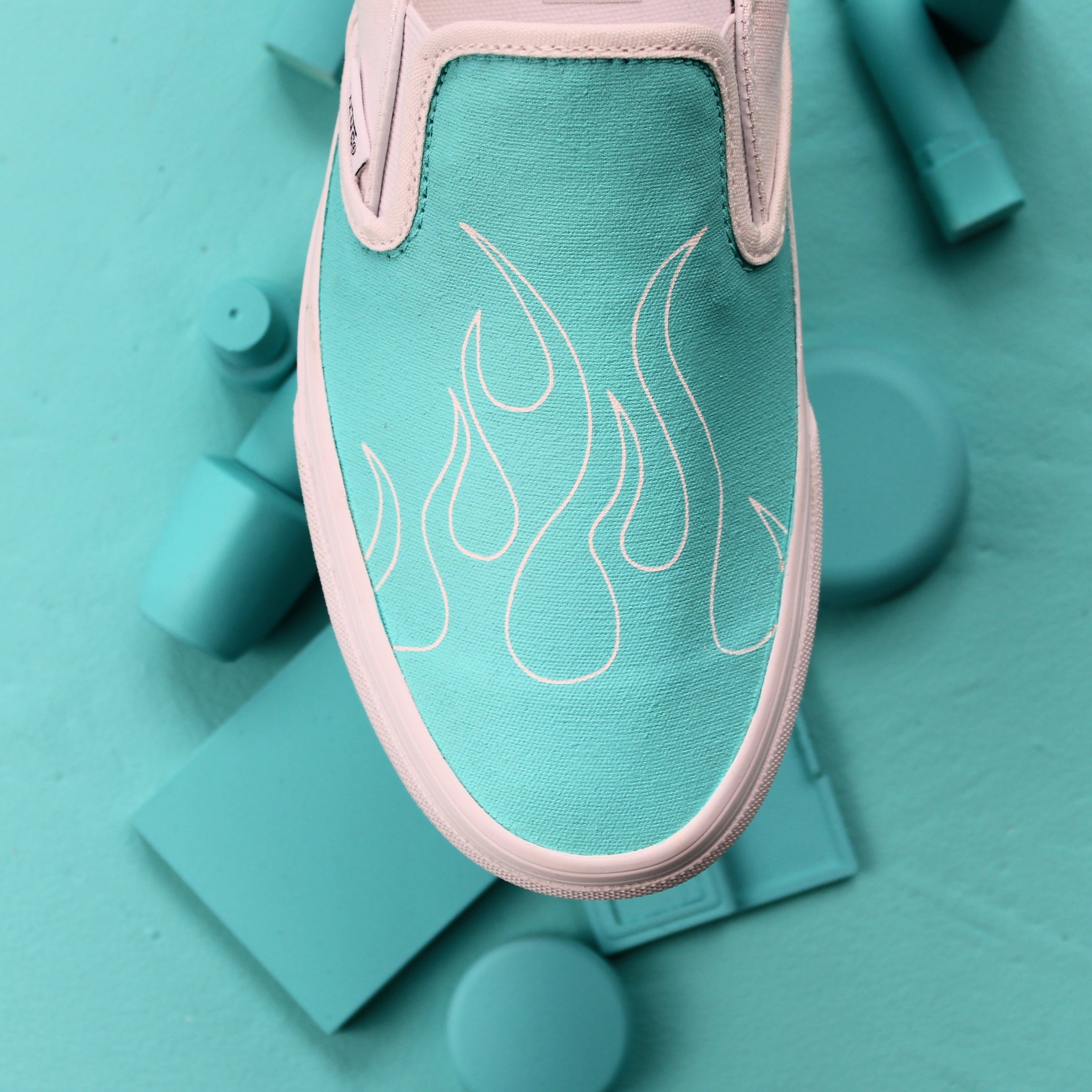 Blue Flame Vans Slip On Custom Sneakers (White) – TheShoeCosmetics