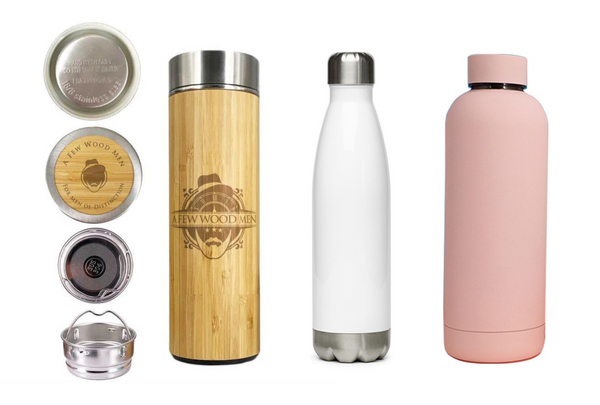 The LaBryant Bamboo Flask from A Few Wood Men and stainless steel water bottles